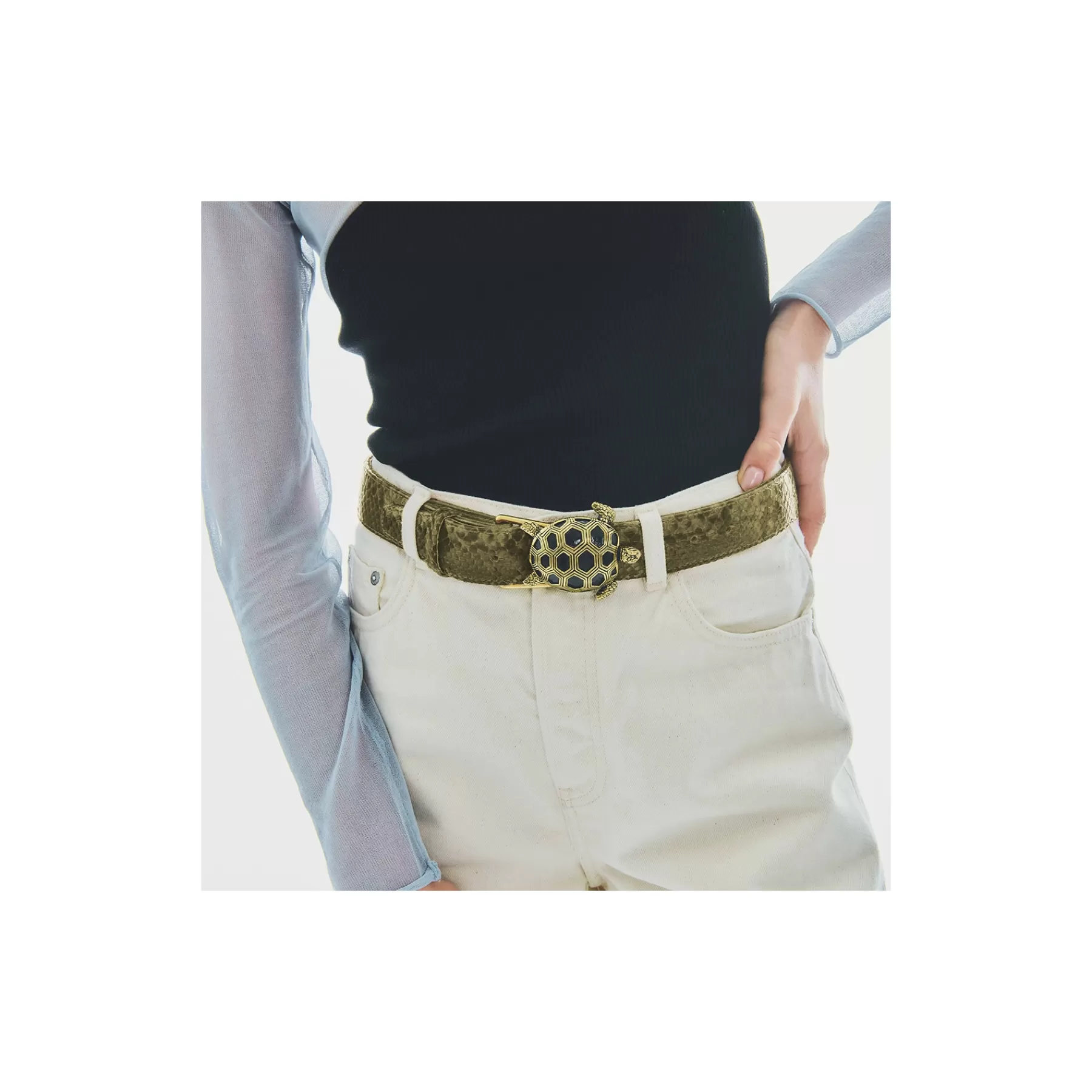 Ceinture Tortue<Claris Virot Ceinture Tortue Python Kaki Boucle Or