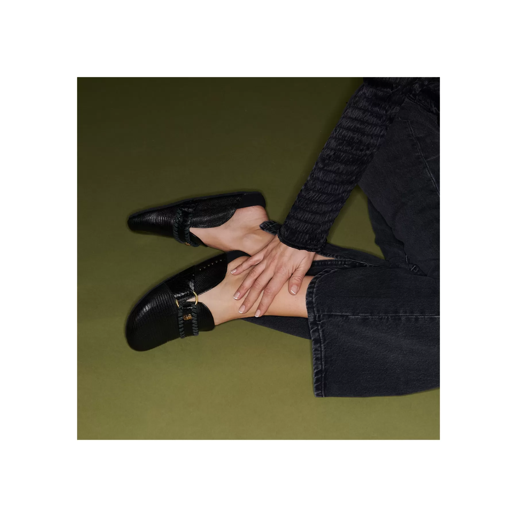 Mules<Claris Virot Mules Georgette Lezard Noir Metallerie Or